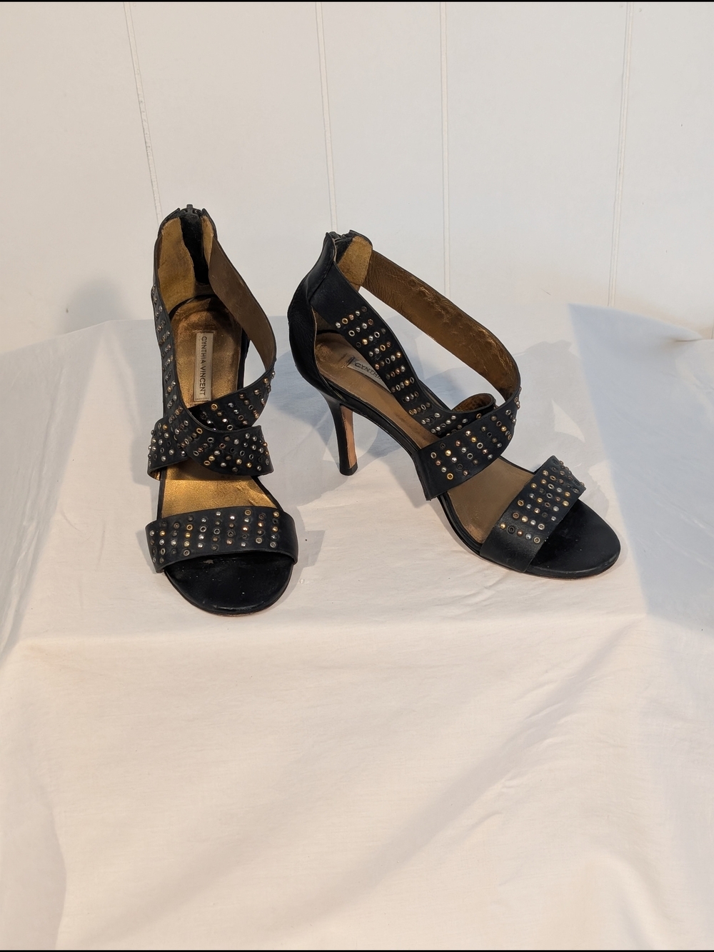 Cynthia Vincent Black Studded Crisscross High Heel Sandals